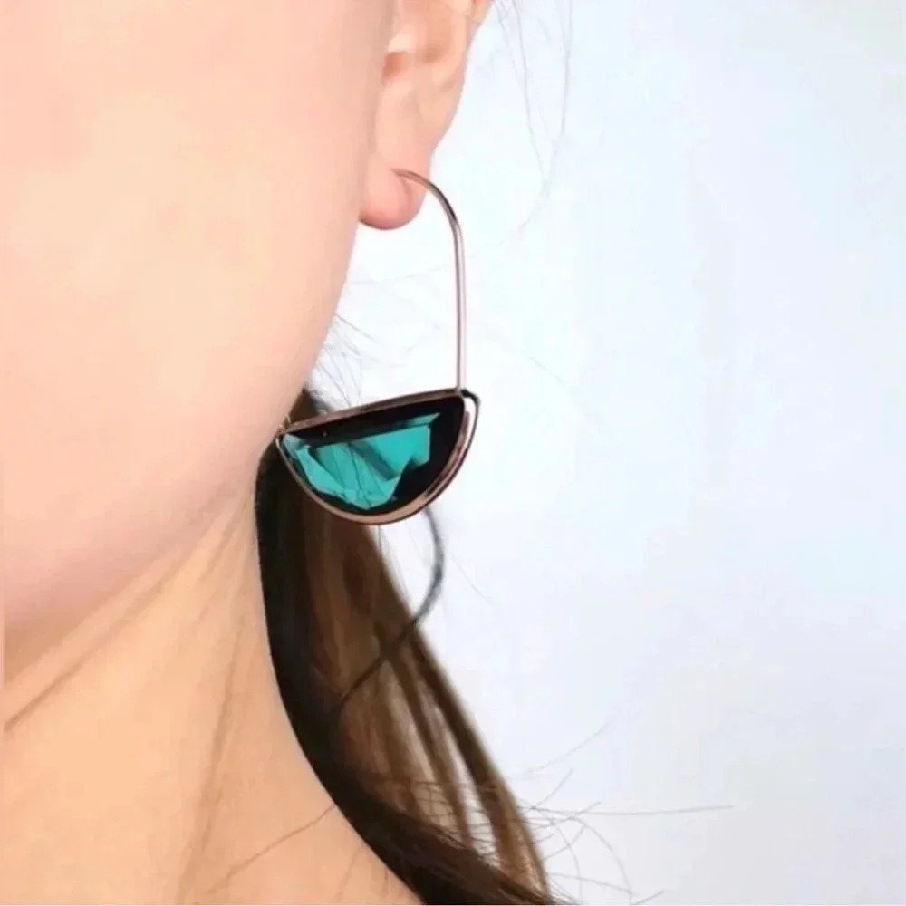Anthropologie Gold Hoop Emerald Green Semicircle Drop Earrings - Picture 5 of 12